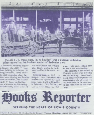 Historic photograph of the E.T. Page store in Redwater, Texas, highlighting its significance as a community gathering spot in the early 1900s.