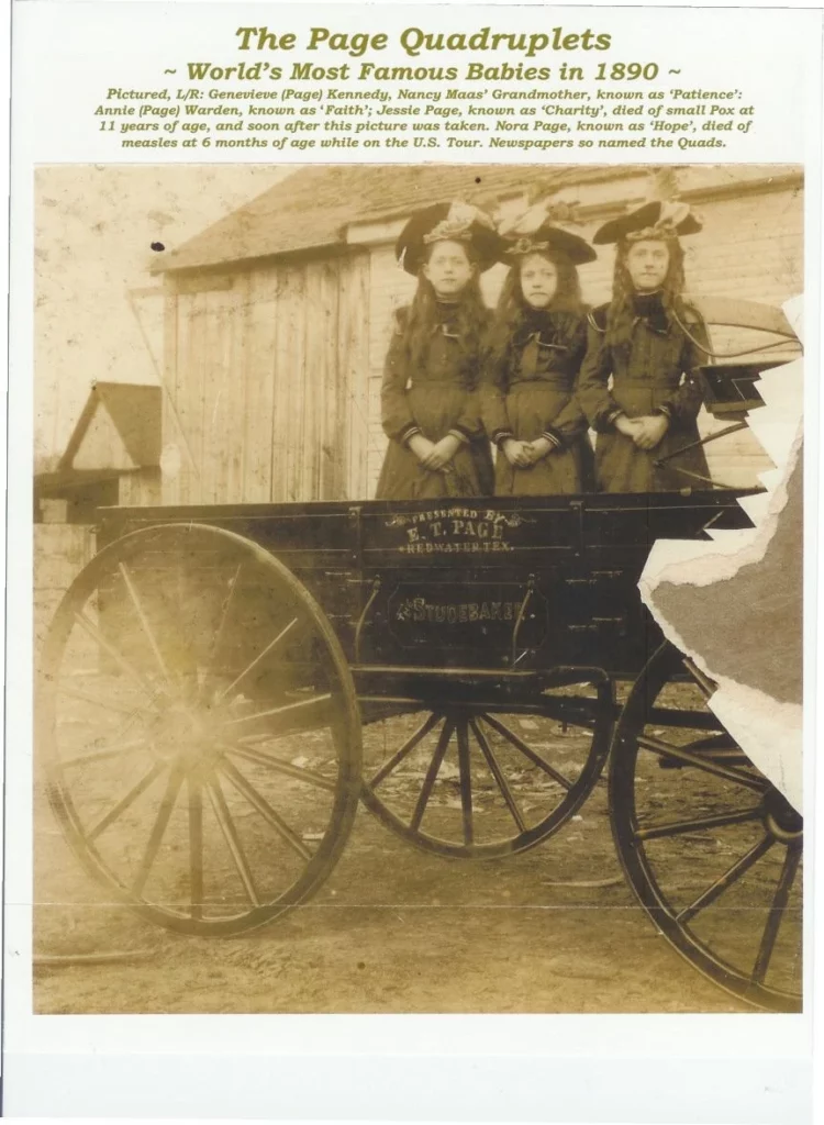 The Page Quadruplets, four young sisters in matching dresses, pose in a wagon in 1890. Their story highlights early celebrity and childhood challenges.