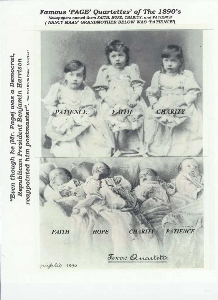 Historic portraits of the 'Page Quartettes' from the 1890s, featuring four girls named Faith, Hope, Charity, and Patience, and below, four babies with the same names.