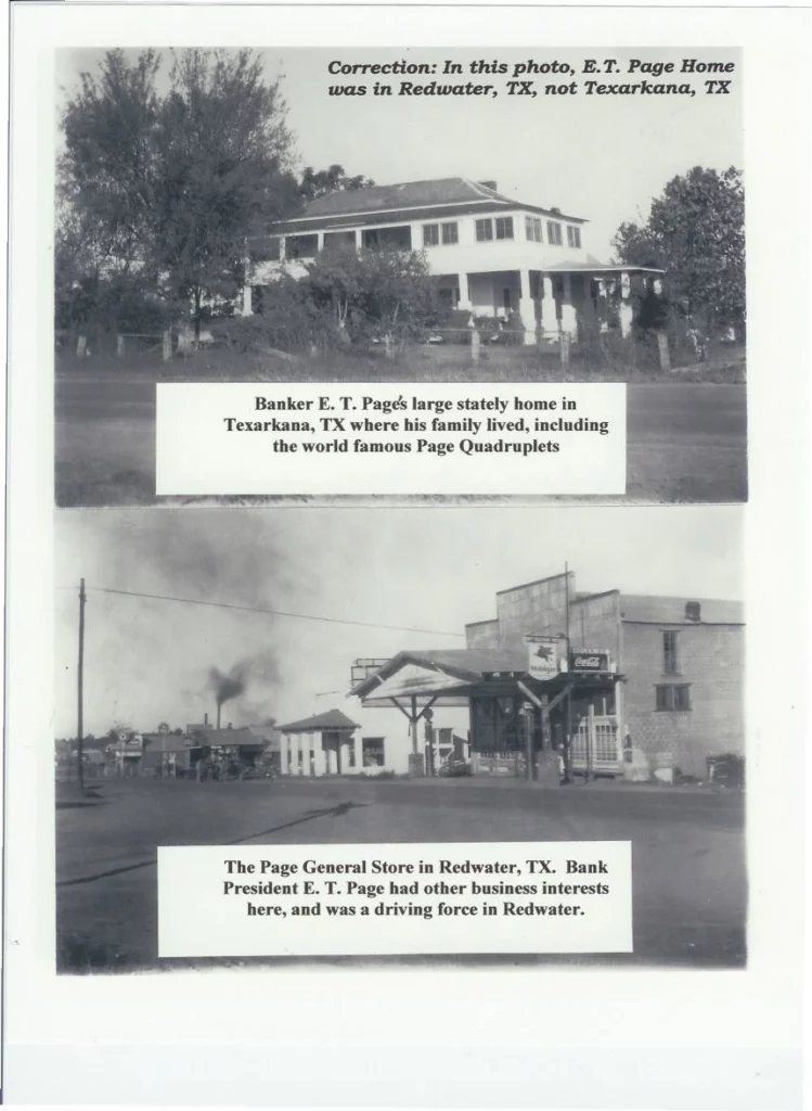 Historic photos of E.T. Page's home in Redwater, TX, and the Page General Store, highlighting his family's significance and local business impact.