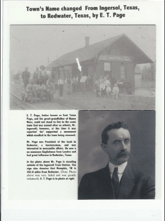 Historical photograph depicting E.T. Page, who played a significant role in renaming Ingersoll, Texas, to Redwater. Contextual text provides background on Page's contributions and significance.