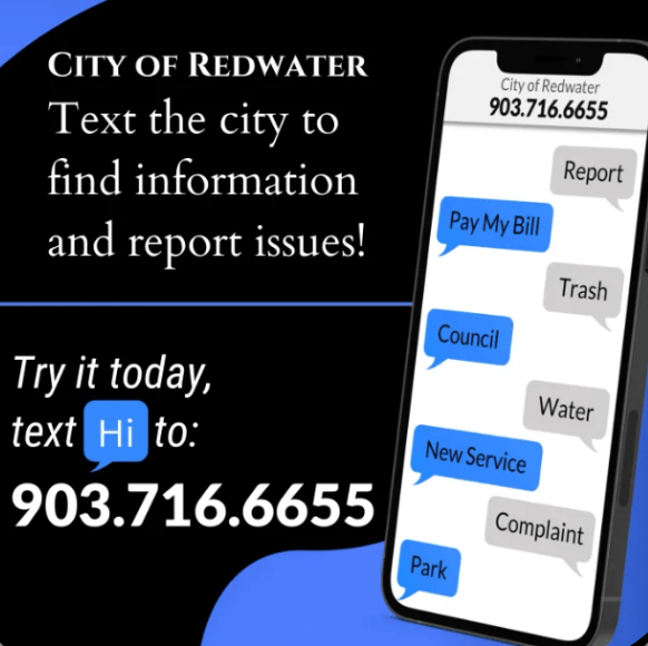 City of Redwater promotes texting for information and issue reporting. Phone number and sample topics like billing and services displayed.