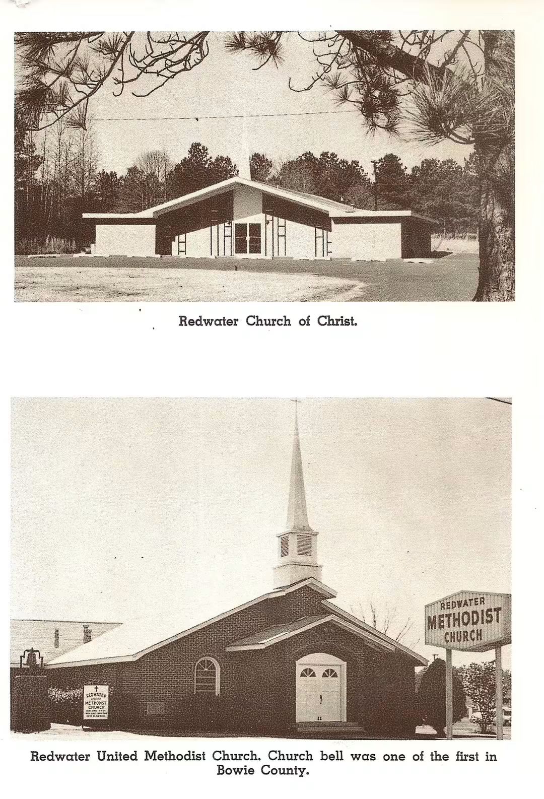 Redwater Church of Christ features a modern design, while Redwater United Methodist Church showcases a traditional structure with a prominent steeple.