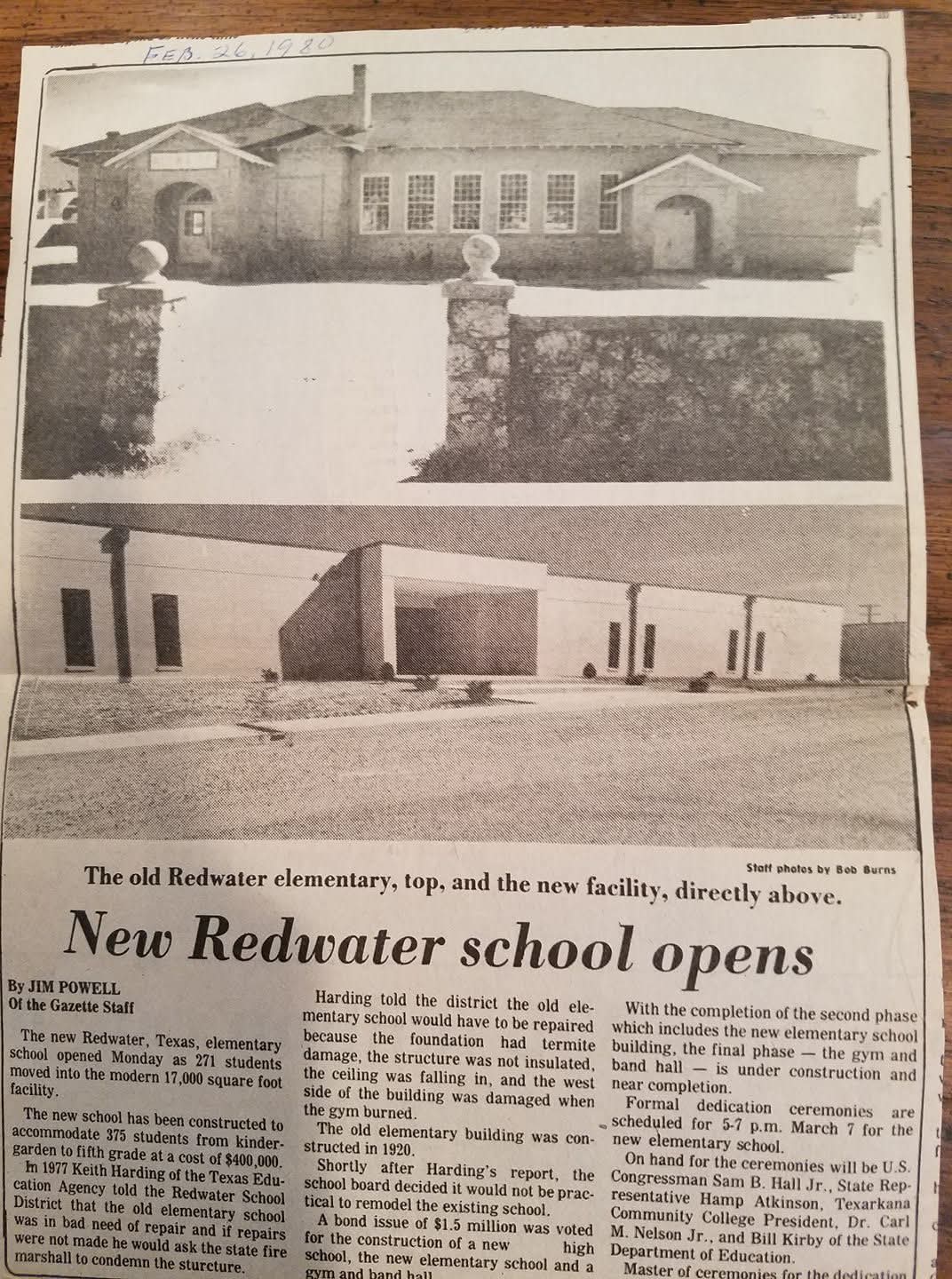 Redwater school opening announcement, featuring images of the old and new elementary school buildings with a brief history and details on the transition.