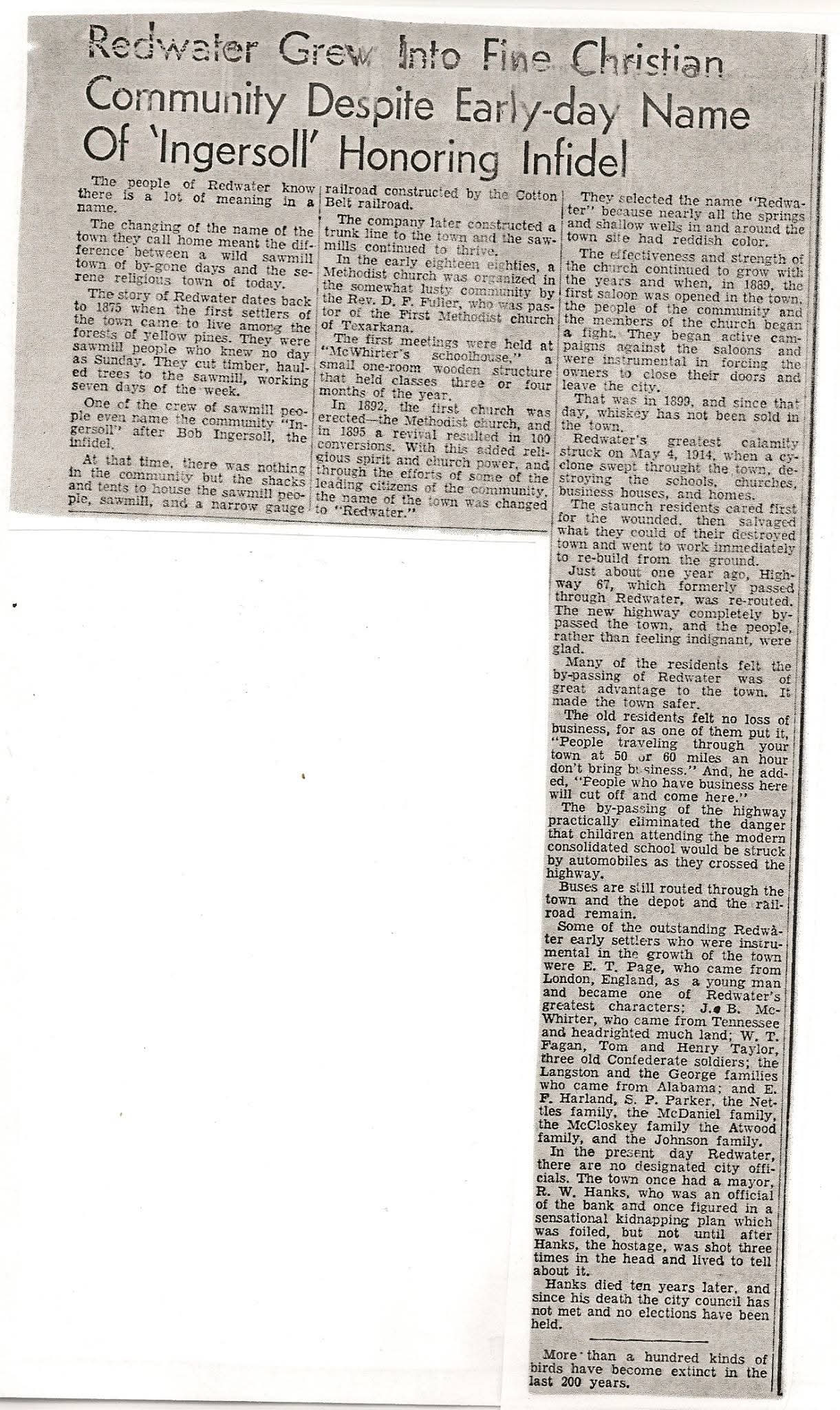 Historic newspaper clipping detailing the development of Redwater, Texas, highlighting its community growth, church establishment, and resilience after a devastating storm in 1944.